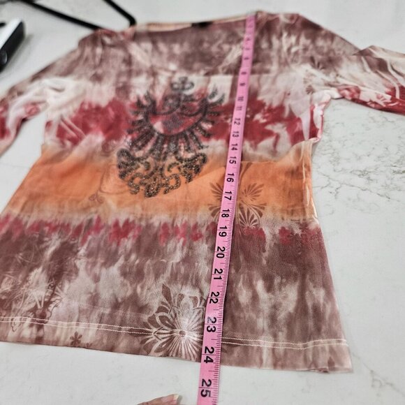 David Cline Mesh Sheer Tie-Dye Rhinestone Embellished Long Sleeve Top P Large - Picture 8 of 9